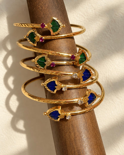 Antique Shield-Shaped Palakka Cuffs| Gold-Plated Adjustable Handcuffs | Green & Blue