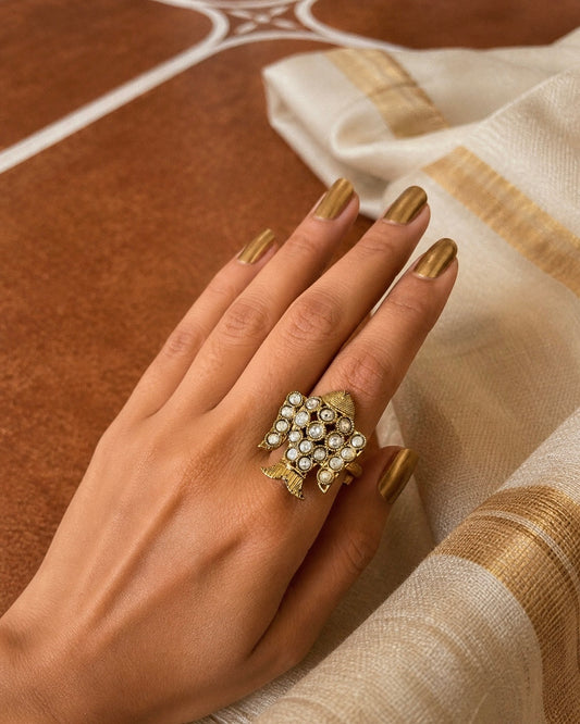 Suvarna Meen | Antique Adjustable Statement Finger Ring