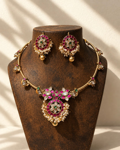 Mayura Jadau Hasli | Antique Gold-Plated Designer Set | Rani Pink
