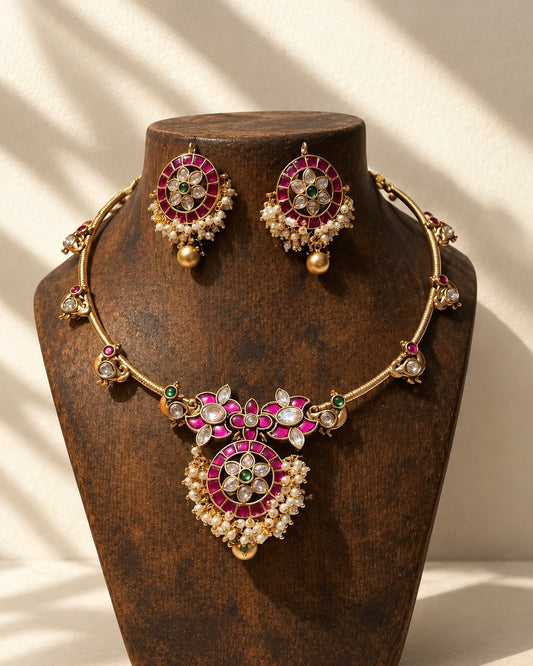Mayura Jadau Hasli | Antique Gold-Plated Designer Set | Rani Pink