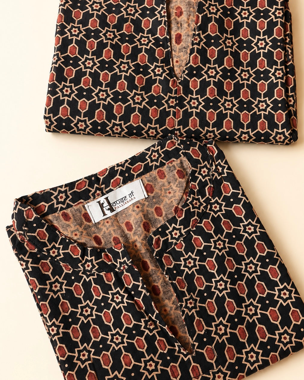 Pure Ajrakh Cotton Mandarin Collared Tunic | Black x Geometric Block | Womenswear