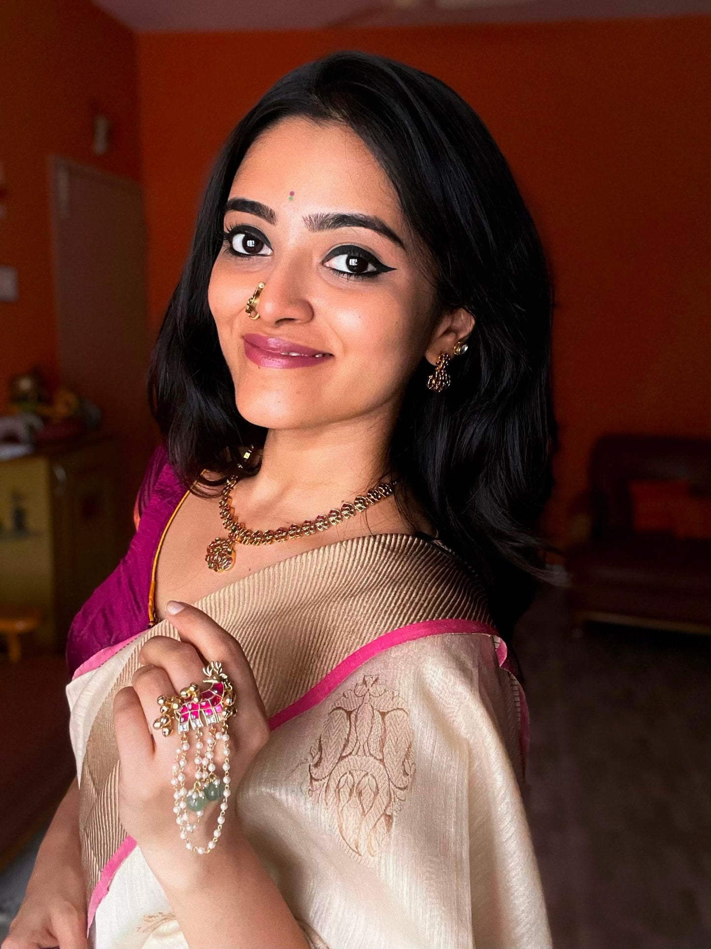 Mriga Leela | Jadau Kemp & Pearl Statement Finger Ring | Onam'26