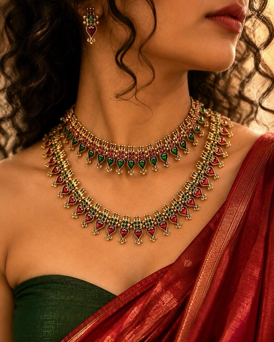 Palakka Maala | Antique Heritage Inspired Choker Set | Red, Green.