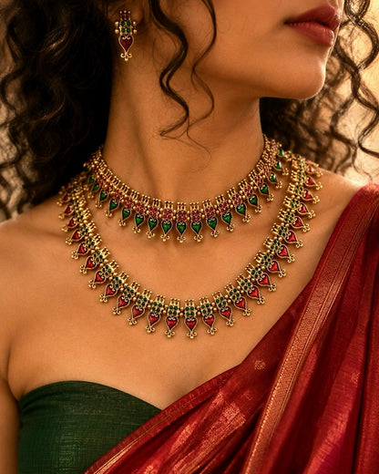Palakka Maala | Antique Heritage Inspired Choker Set | Red, Green.