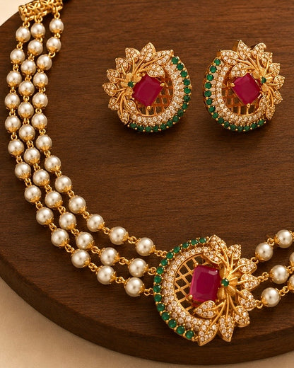 Peacock Plume | CZ stones x Pearl Vintage Choker Set | Onam'26