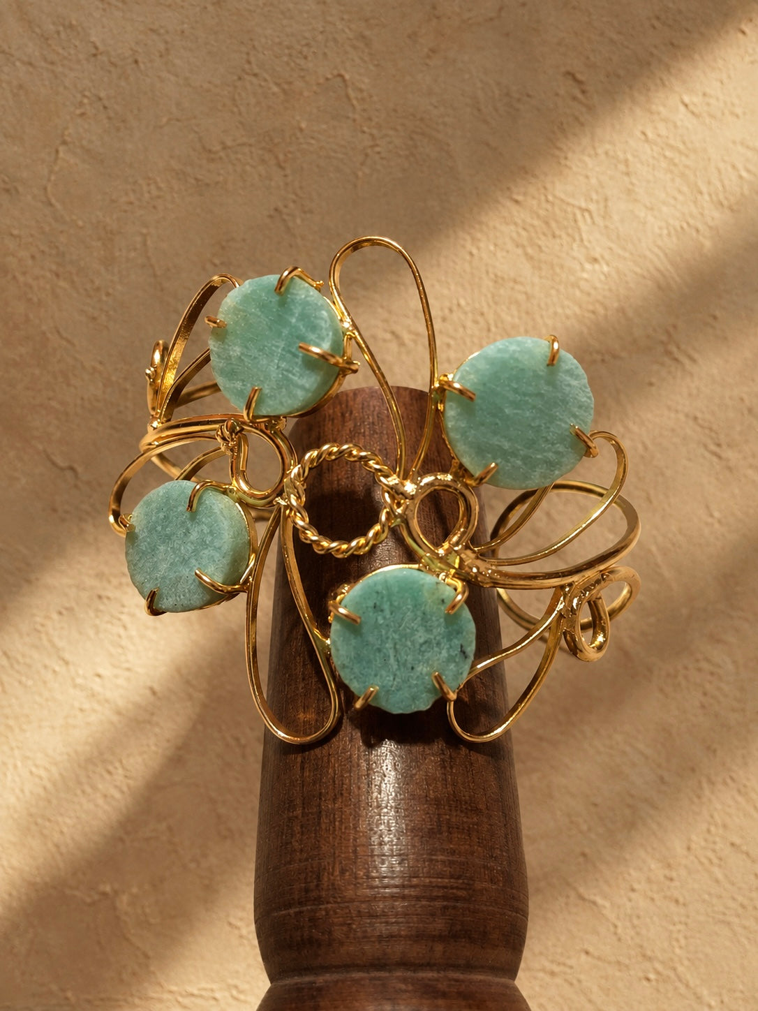 Neem & Gold| Sculptural Brass Statement Wristwear | Mint-Green