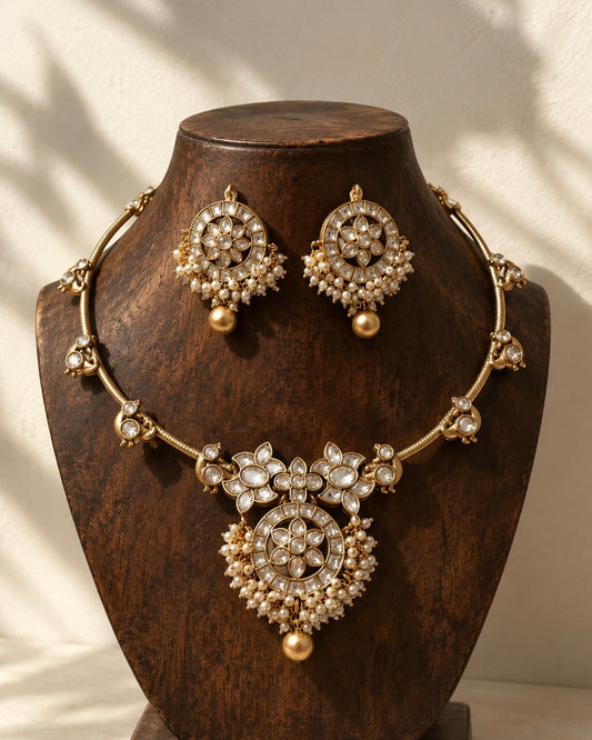 Mayura Jadau Hasli | Antique Gold-Plated Designer Set | White