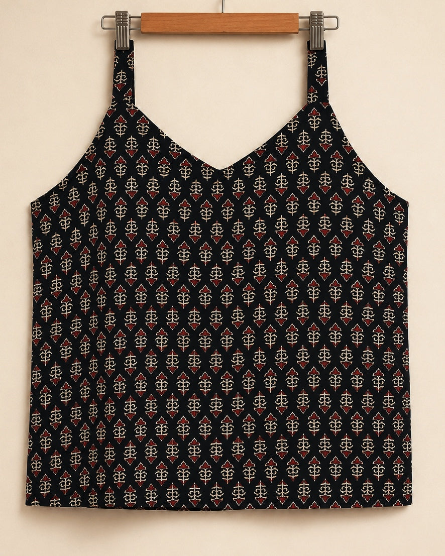 Pure Ajrakh Cotton Strap-Sleeve Tunic | Black x Floral Buttis | Womenswear