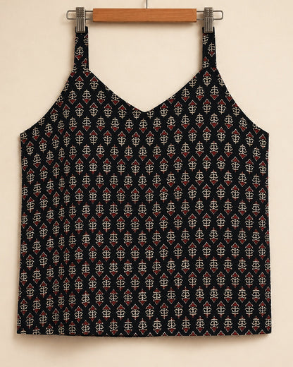 Pure Ajrakh Cotton Strap-Sleeve Tunic | Black x Floral Buttis | Womenswear
