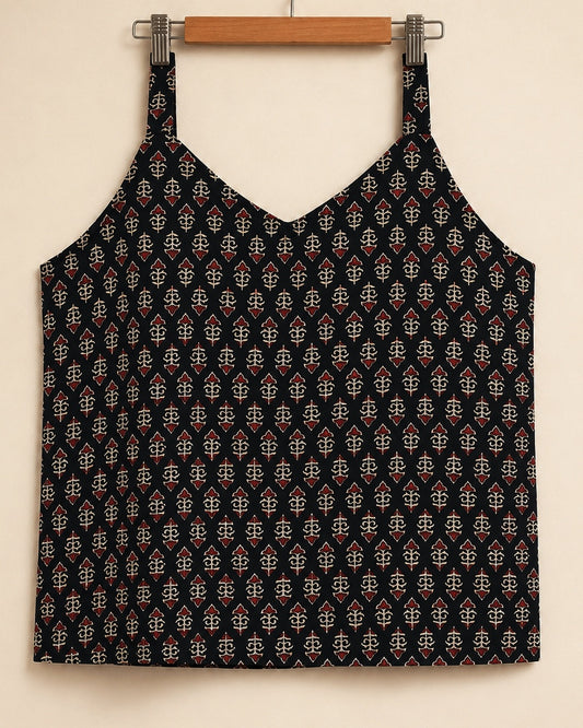 Pure Ajrakh Cotton Strap-Sleeve Tunic | Black x Floral Buttis | Womenswear