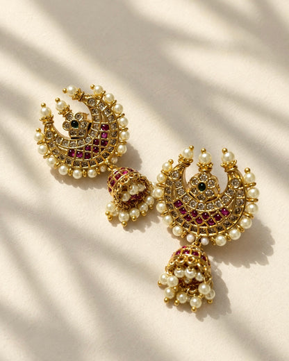 Chandrakala | Antique Gold-Plated Jadau Chandbali Jhumkas