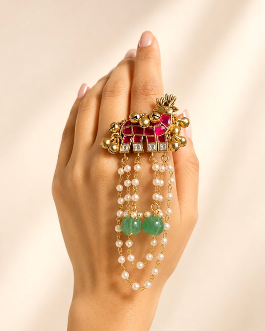Mriga Leela | Jadau Kemp & Pearl Statement Finger Ring | Onam'26