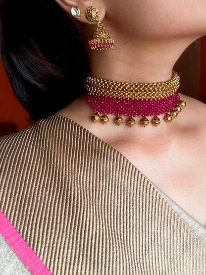 Fuchsia Crystal Mesh | Antique Matte Gold Choker Set | Onam’26
