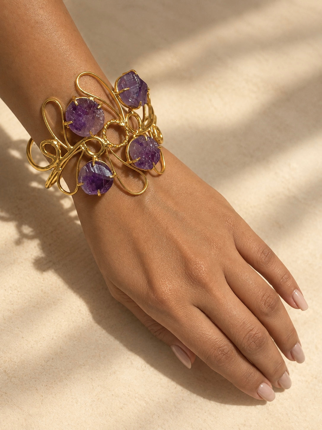 Jamun & Gold| Sculptural Brass Statement Wristwear | Amethyst