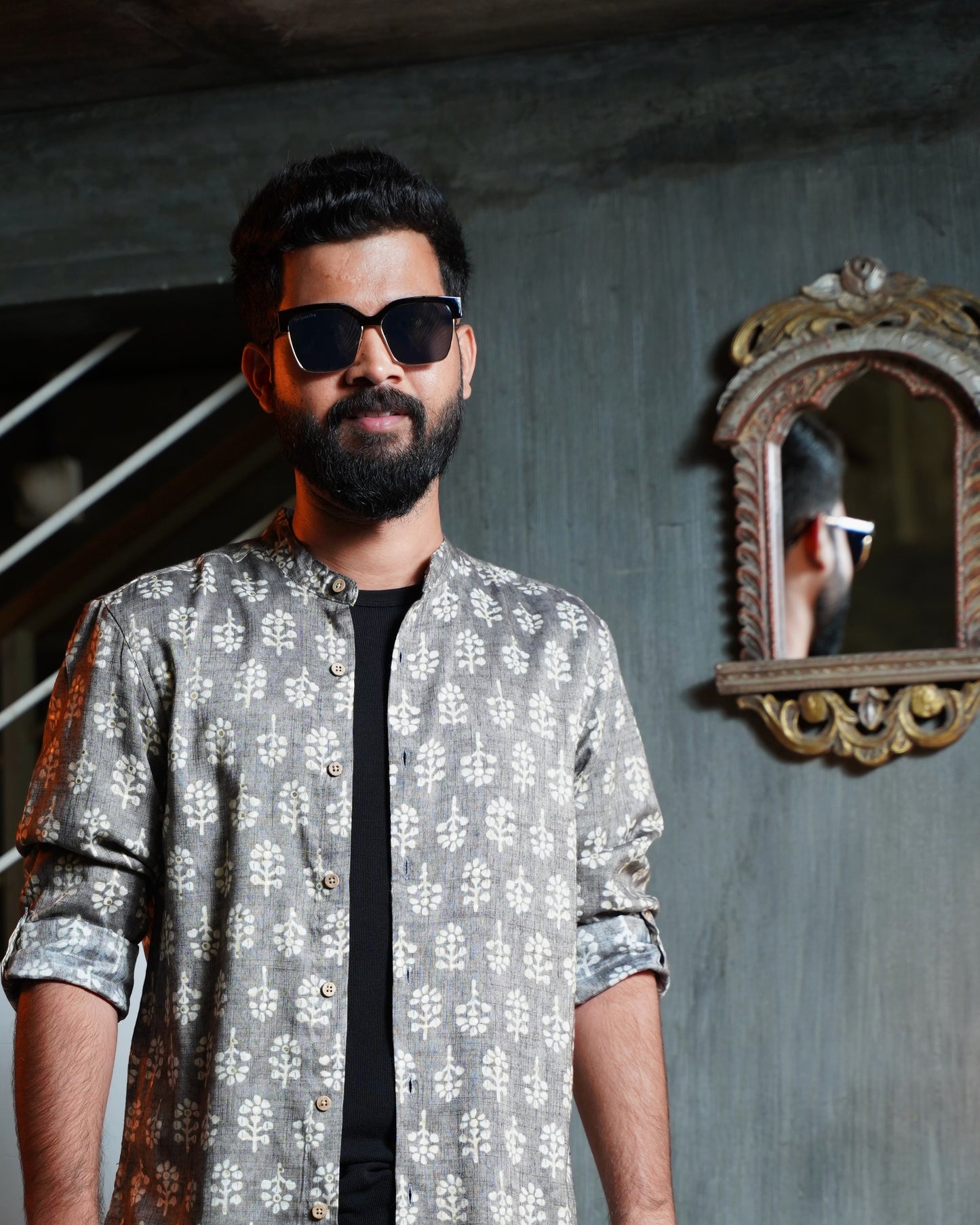 Grey Rayon Foil Printed Shirt