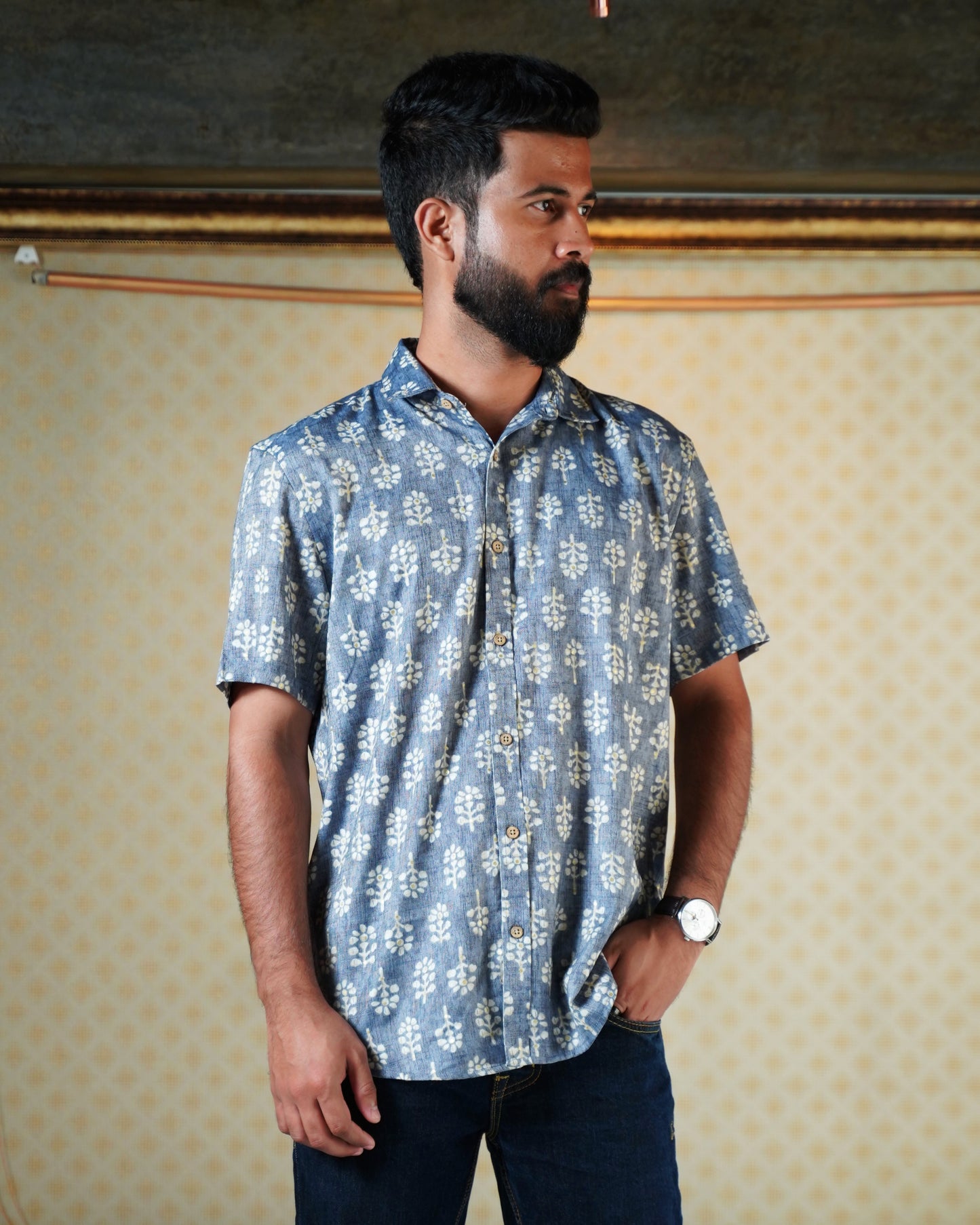 Blue Rayon Foil Printed Shirt