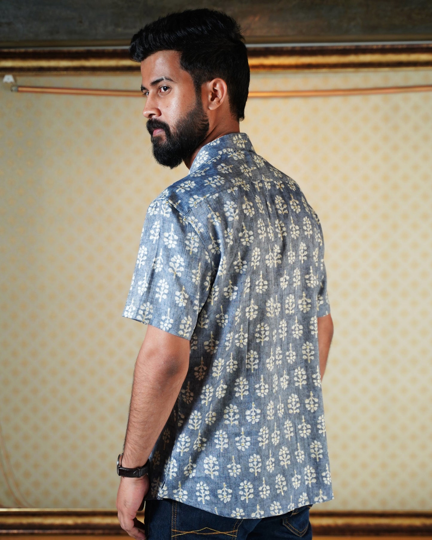 Blue Rayon Foil Printed Shirt