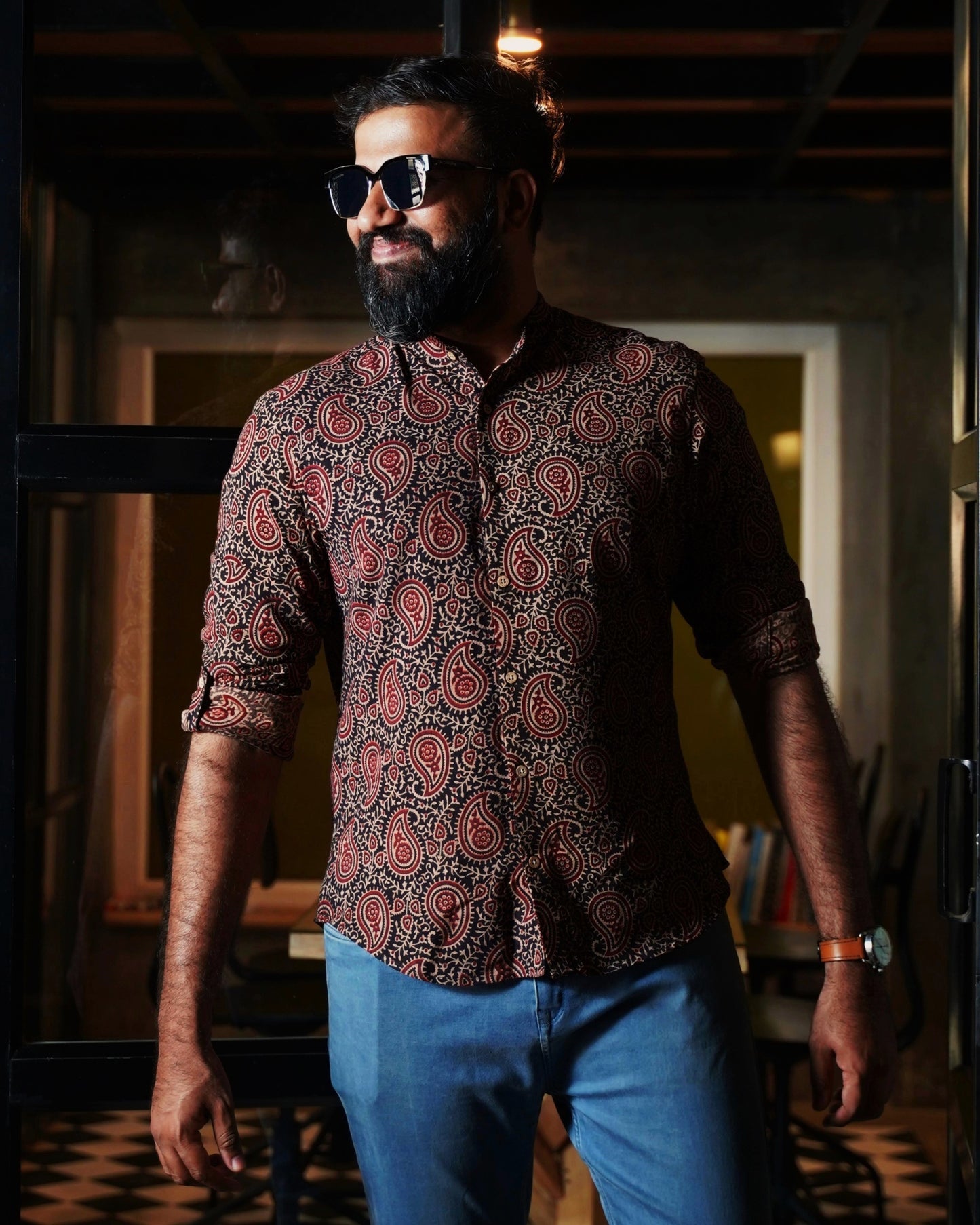Black & Maroon Paisley Block-Printed Shirt