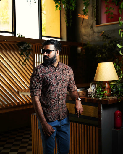 Black & Maroon Paisley Block-Printed Shirt