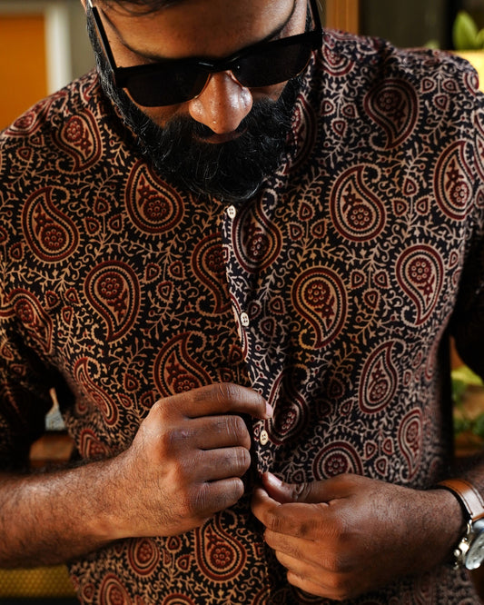 Black & Maroon Paisley Block-Printed Shirt