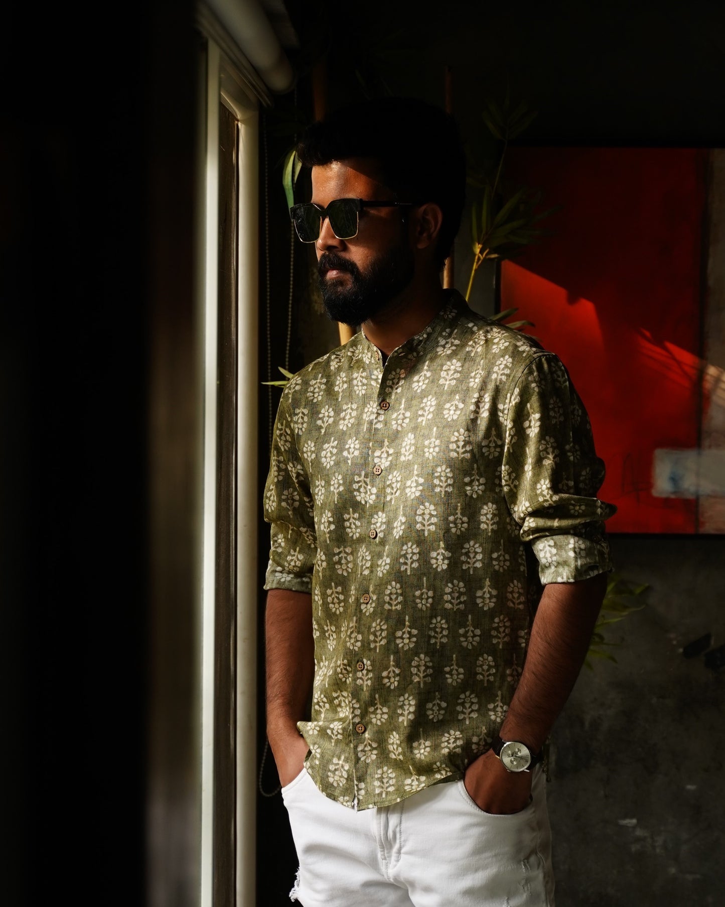 Olive Green Rayon Foil Printed Shirt