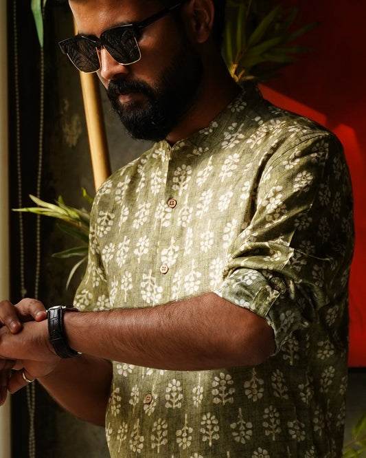 Olive Green Rayon Foil Printed Shirt