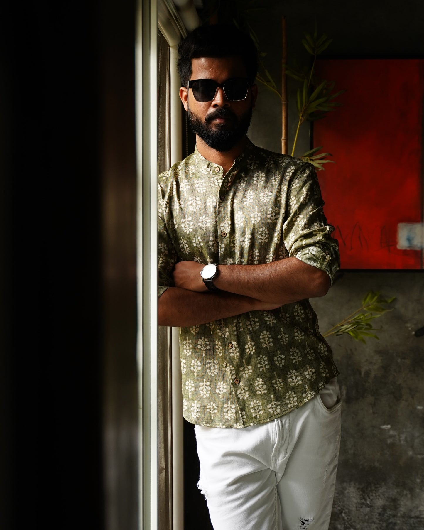 Olive Green Rayon Foil Printed Shirt