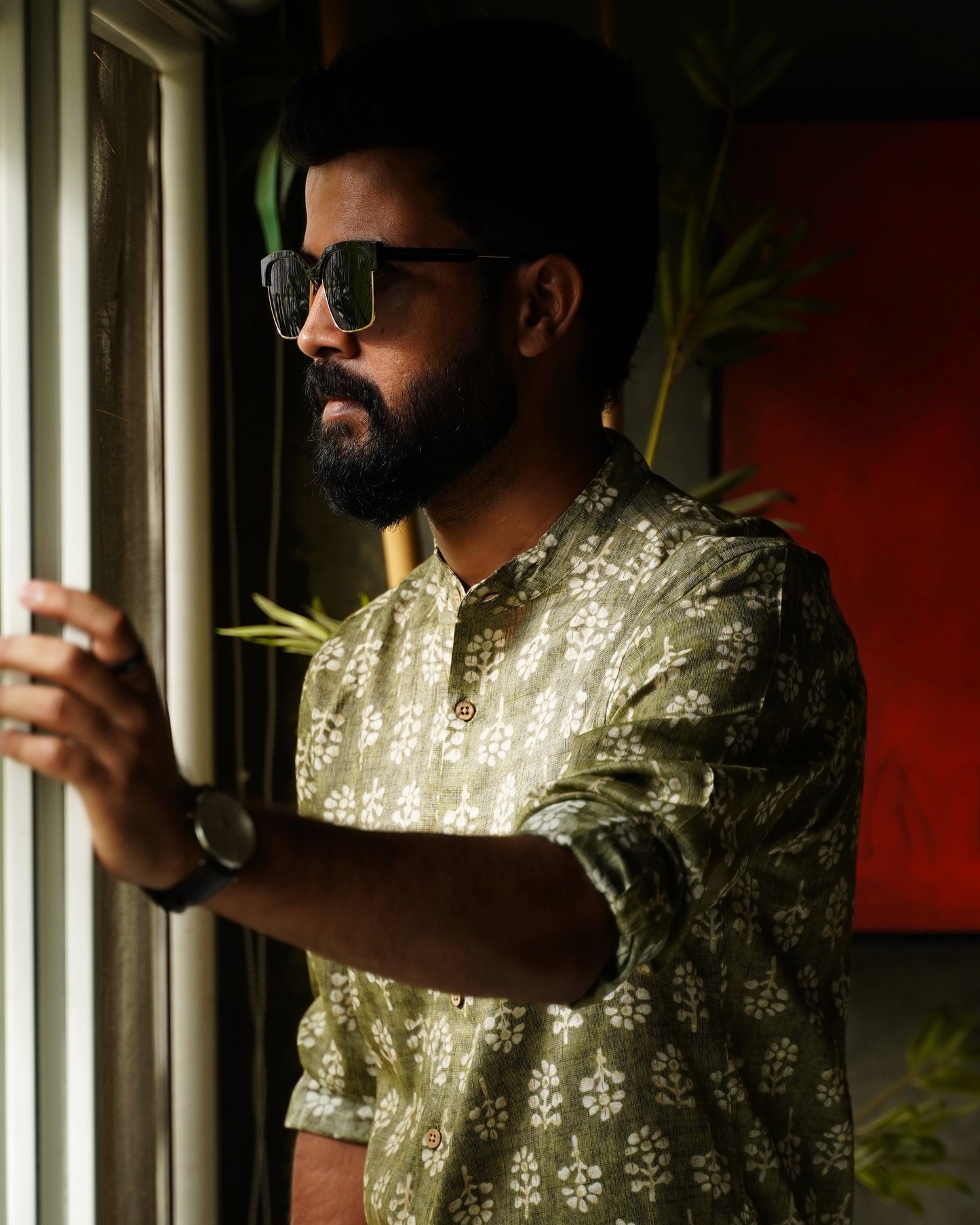 Olive Green Rayon Foil Printed Shirt