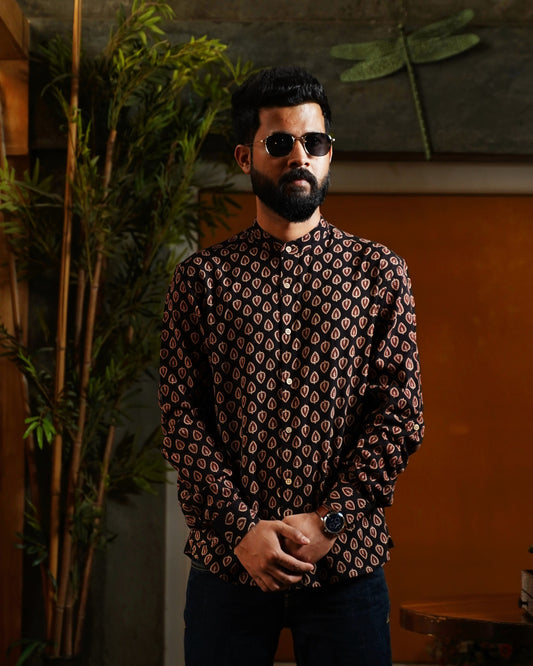 Black & Maroon Leaf Pattern Block-Printed Shirt