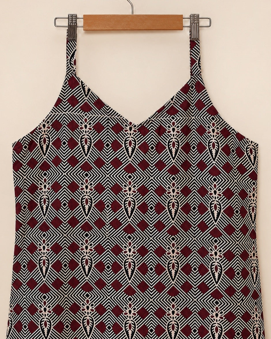 Pure Ajrakh Cotton Strap-Sleeve Kurta | Burgundy x Black | Medium | Womenswear