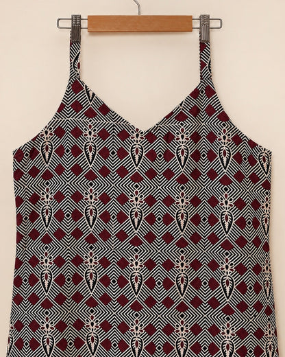 Pure Ajrakh Cotton Strap-Sleeve Kurta | Burgundy x Black | Medium | Womenswear
