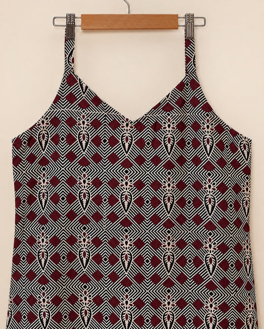 Pure Ajrakh Cotton Strap-Sleeve Kurta | Burgundy x Black | Medium | Womenswear
