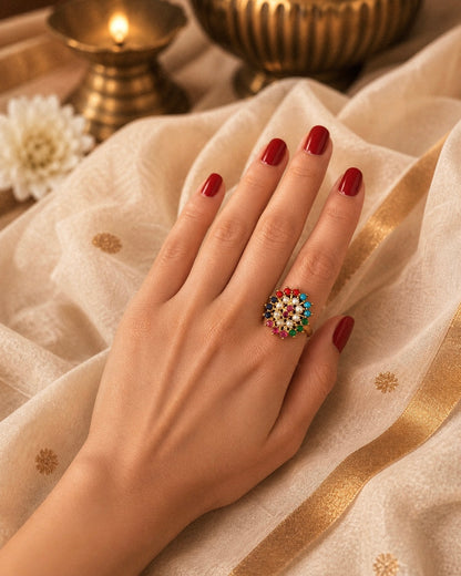 Navarathna Chakra| Antique Adjustable Statement Finger Ring