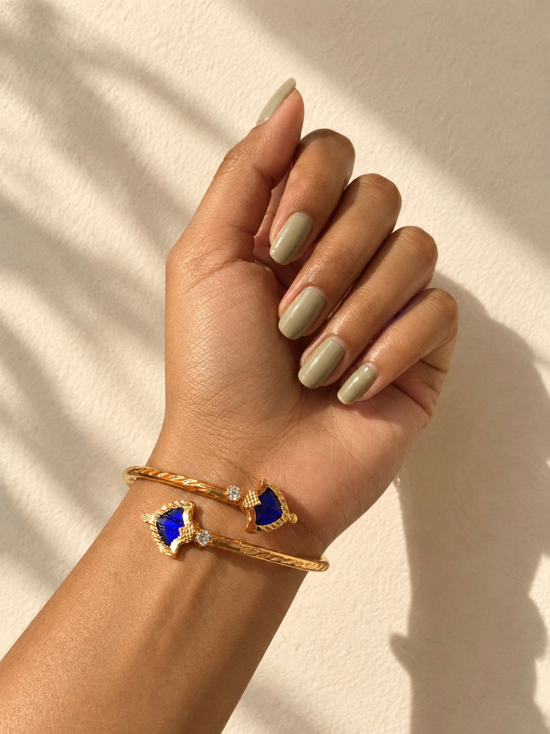 Antique Shield-Shaped Palakka Cuffs| Gold-Plated Adjustable Handcuffs | Green & Blue