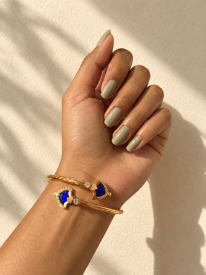 Antique Shield-Shaped Palakka Cuffs| Gold-Plated Adjustable Handcuffs | Green & Blue