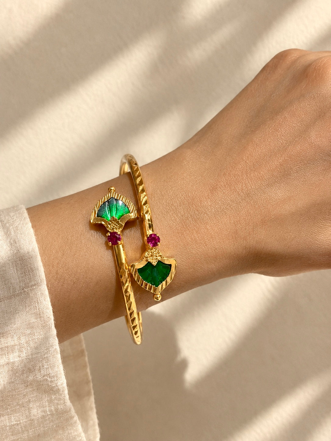 Antique Shield-Shaped Palakka Cuffs| Gold-Plated Adjustable Handcuffs | Green & Blue