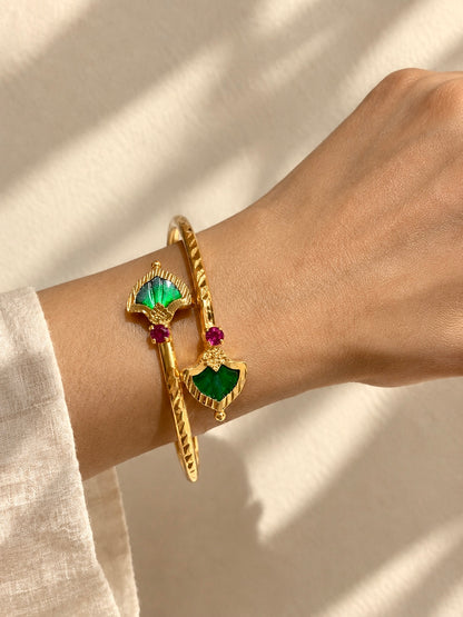 Antique Shield-Shaped Palakka Cuffs| Gold-Plated Adjustable Handcuffs | Green & Blue