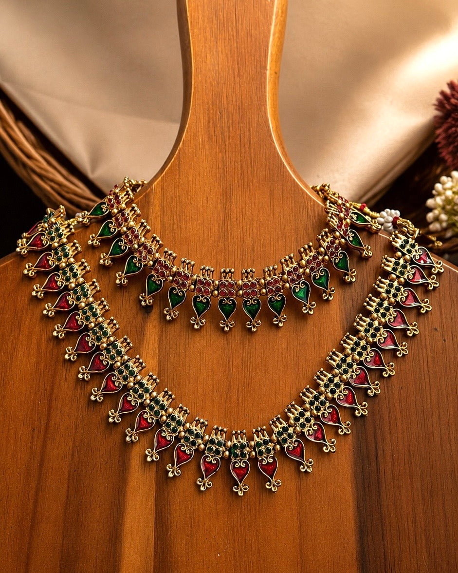 Palakka Maala | Antique Heritage Inspired Choker Set | Red, Green.