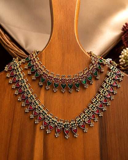 Palakka Maala | Antique Heritage Inspired Choker Set | Red, Green.