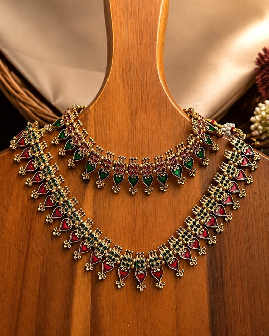 Palakka Maala | Antique Heritage Inspired Choker Set | Red, Green.