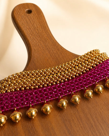 Fuchsia Crystal Mesh | Antique Matte Gold Choker Set | Onam’26