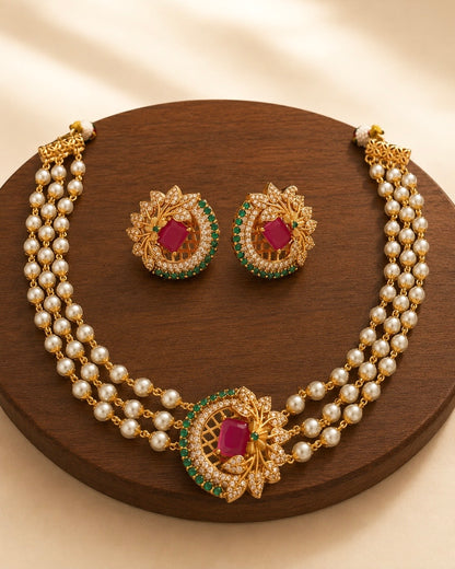 Peacock Plume | CZ stones x Pearl Vintage Choker Set | Onam'26