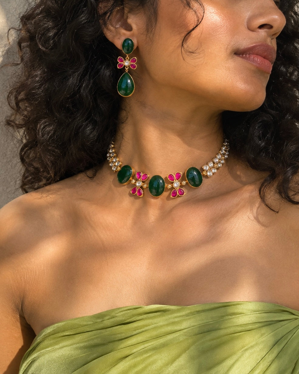 Panna Bagh | Natural-Stone Designer Necklace Set with Carat Plating