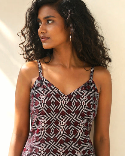 Pure Ajrakh Cotton Strap-Sleeve Kurta | Burgundy x Black | Medium | Womenswear