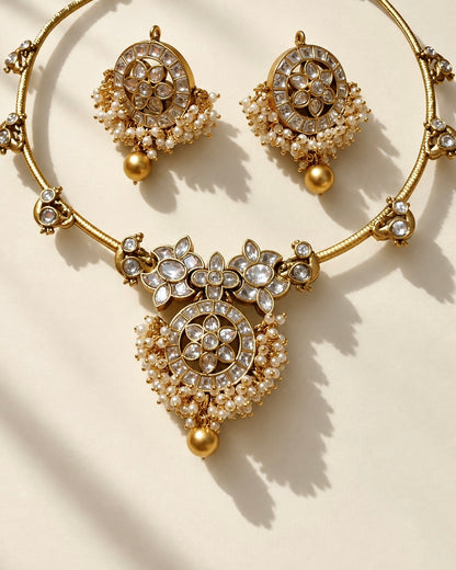 Mayura Jadau Hasli | Antique Gold-Plated Designer Set | White