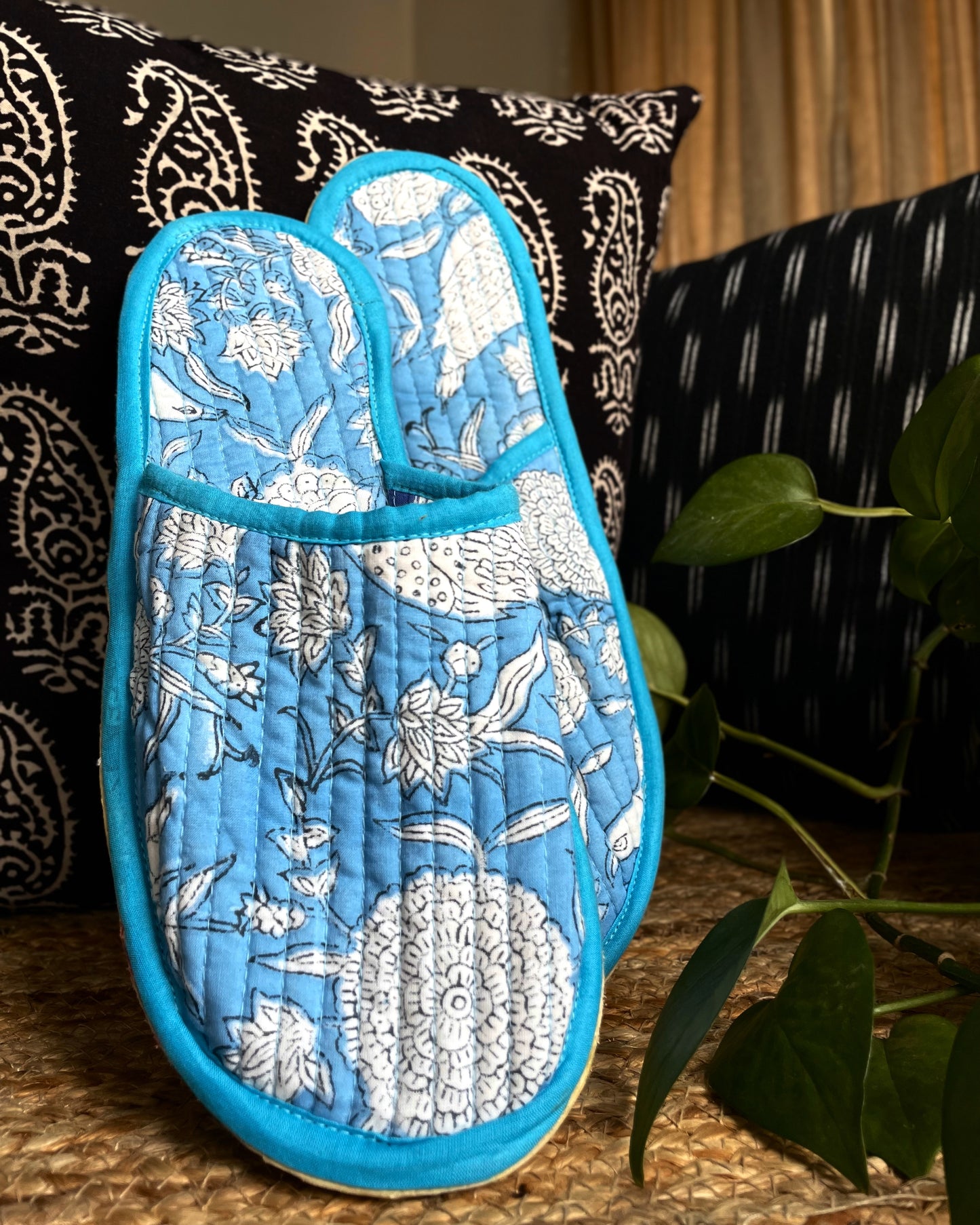 Tranquil Oasis | Hand Block Printed & Quilted Cotton Home Slip-Ons