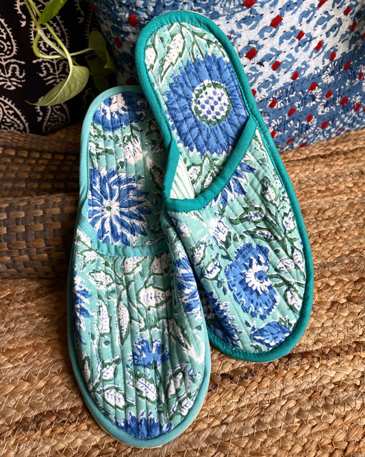 Turquoise Daisy | Hand Block Printed & Quilted Cotton Home Slip-Ons