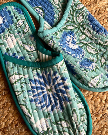 Turquoise Daisy | Hand Block Printed & Quilted Cotton Home Slip-Ons