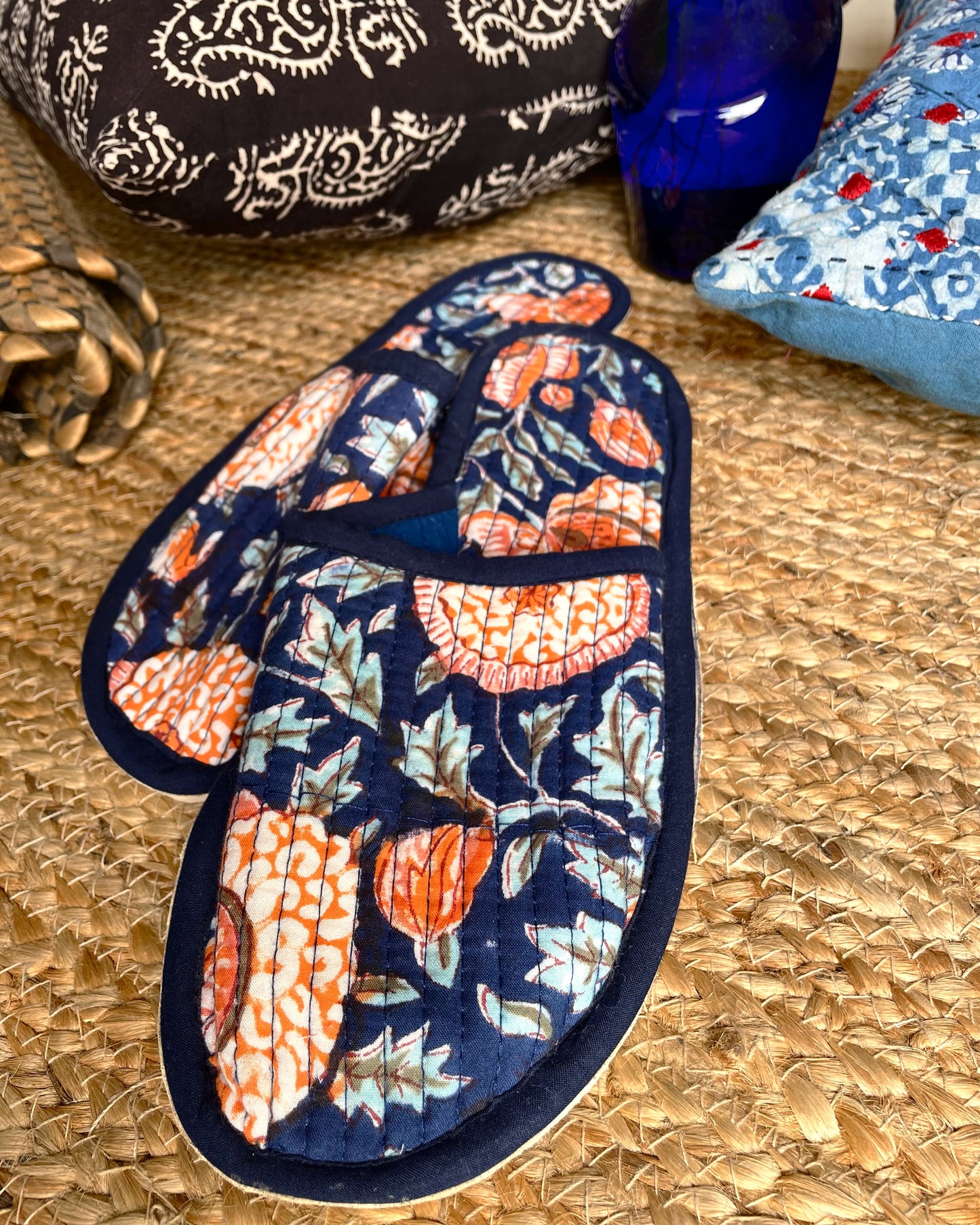 Tangerine Tropics | Hand Block Printed & Quilted Cotton Home Slip-Ons