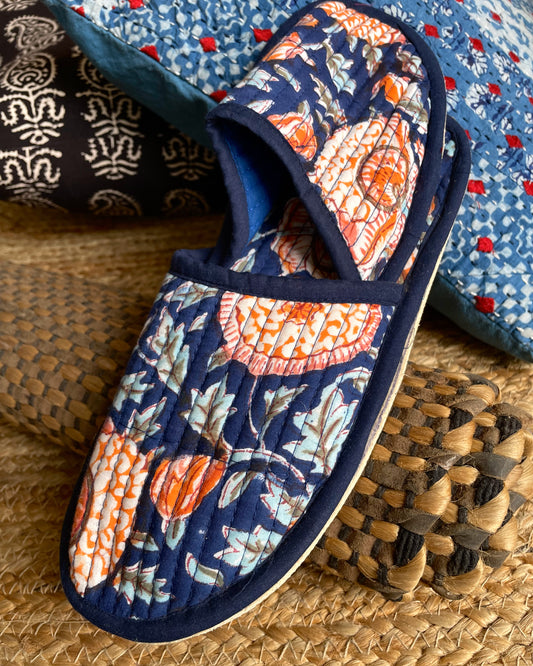 Tangerine Tropics | Hand Block Printed & Quilted Cotton Home Slip-Ons